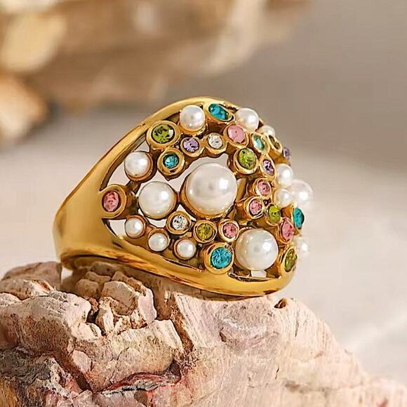 Gold Plated Multicolor Zircon, Pearl Statement Ring - Picture 2 of 7